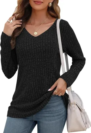 AUSELILY Womens Long Sleeve Tunic Tops Casual V Neck Lightweight Shirts Loose Sweatshirts 2025