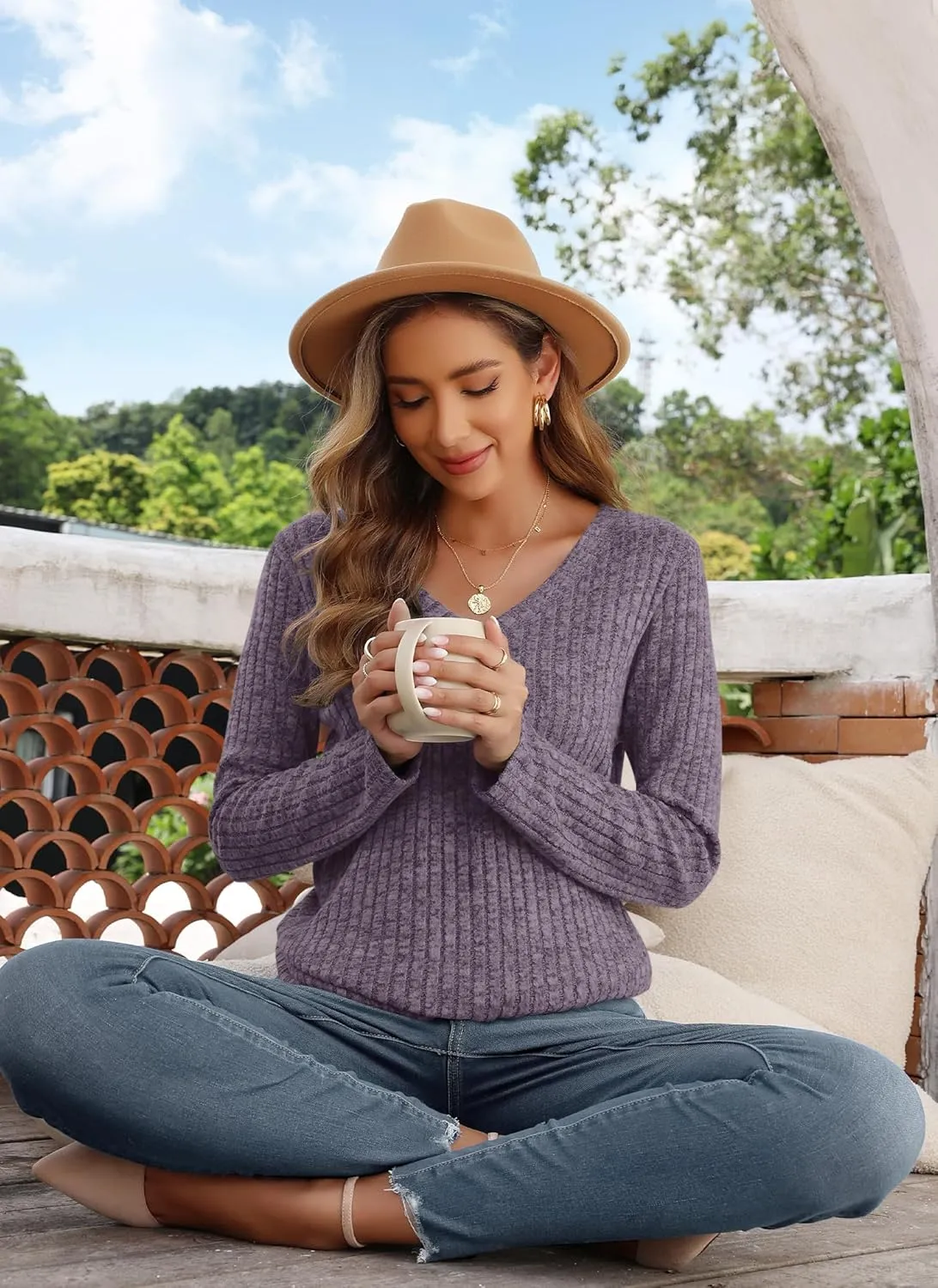 AUSELILY Womens Long Sleeve Tunic Tops Casual V Neck Lightweight Shirts Loose Sweatshirts 2025