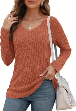 AUSELILY Womens Long Sleeve Tunic Tops Casual V Neck Lightweight Shirts Loose Sweatshirts 2025
