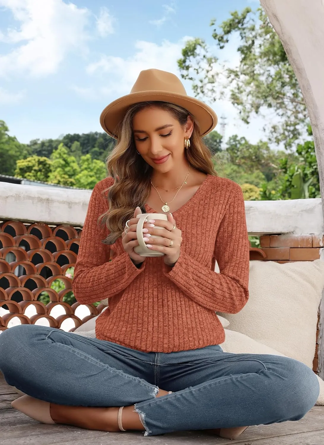 AUSELILY Womens Long Sleeve Tunic Tops Casual V Neck Lightweight Shirts Loose Sweatshirts 2025