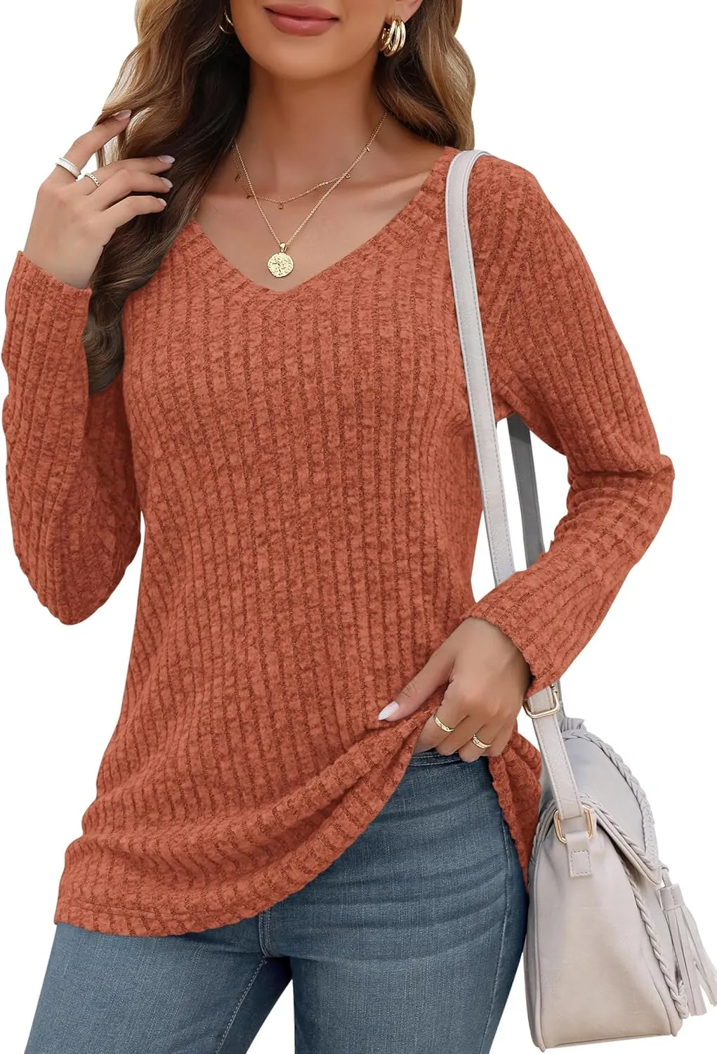 AUSELILY Womens Long Sleeve Tunic Tops Casual V Neck Lightweight Shirts Loose Sweatshirts 2025
