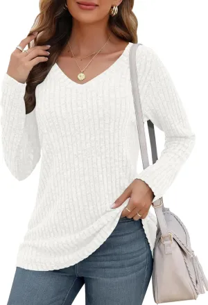 AUSELILY Womens Long Sleeve Tunic Tops Casual V Neck Lightweight Shirts Loose Sweatshirts 2025