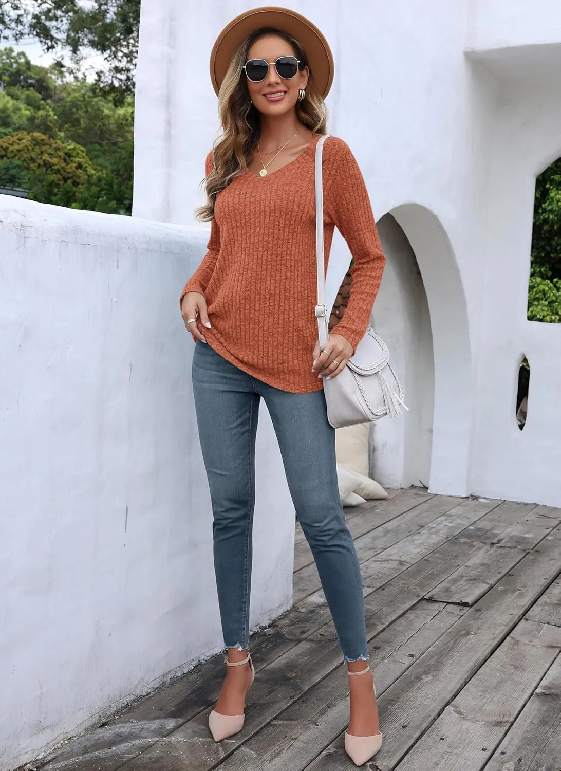 AUSELILY Womens Long Sleeve Tunic Tops Casual V Neck Lightweight Shirts Loose Sweatshirts 2025