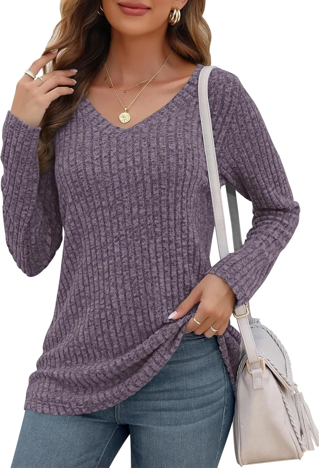 AUSELILY Womens Long Sleeve Tunic Tops Casual V Neck Lightweight Shirts Loose Sweatshirts 2025