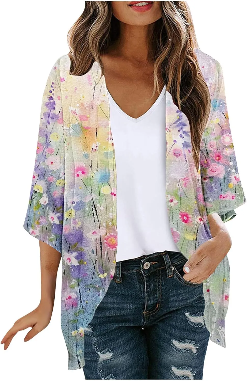 Beach Cover Ups for Women Summer Lightweight Floral Printed Chiffon Cardigan Dressy Casual Vacation Boho Blouses Tops
