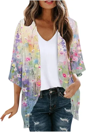 Beach Cover Ups for Women Summer Lightweight Floral Printed Chiffon Cardigan Dressy Casual Vacation Boho Blouses Tops