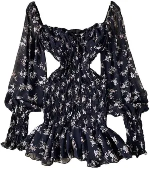 Black Bohemian Dress Women Square Collar Mini Shirring Slim Fit Ruffle Detail Elegant Casual Party Skirt(Medium Short)