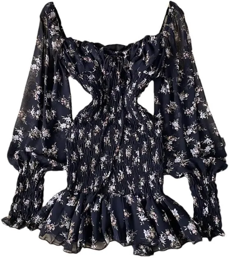 Black Bohemian Dress Women Square Collar Mini Shirring Slim Fit Ruffle Detail Elegant Casual Party Skirt(Medium Short)