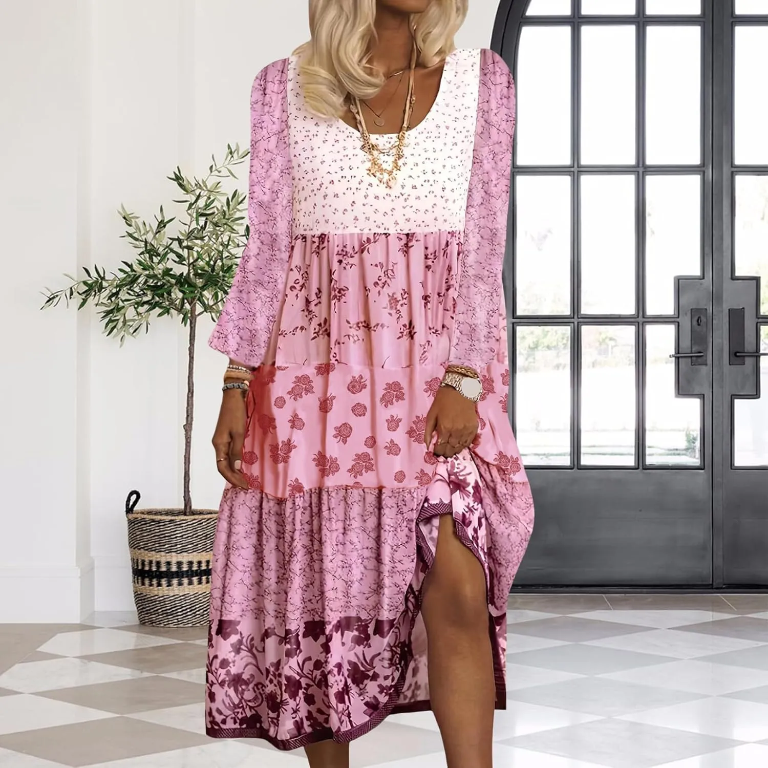 Boho Floral Midi Dress for Women Patchwork Sleeveless Crew Neck Summer Casual Loose Flowy Tiered Dress Plus Size