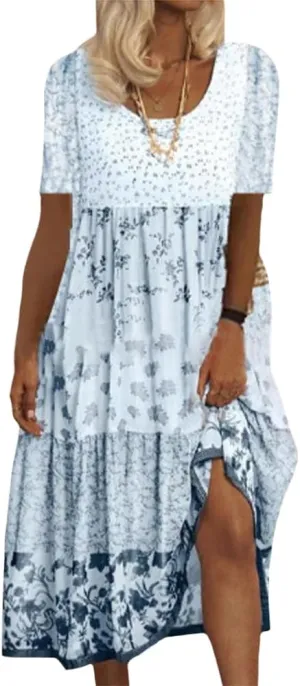 Boho Floral Midi Dress for Women Patchwork Sleeveless Crew Neck Summer Casual Loose Flowy Tiered Dress Plus Size