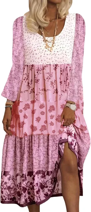 Boho Floral Midi Dress for Women Patchwork Sleeveless Crew Neck Summer Casual Loose Flowy Tiered Dress Plus Size