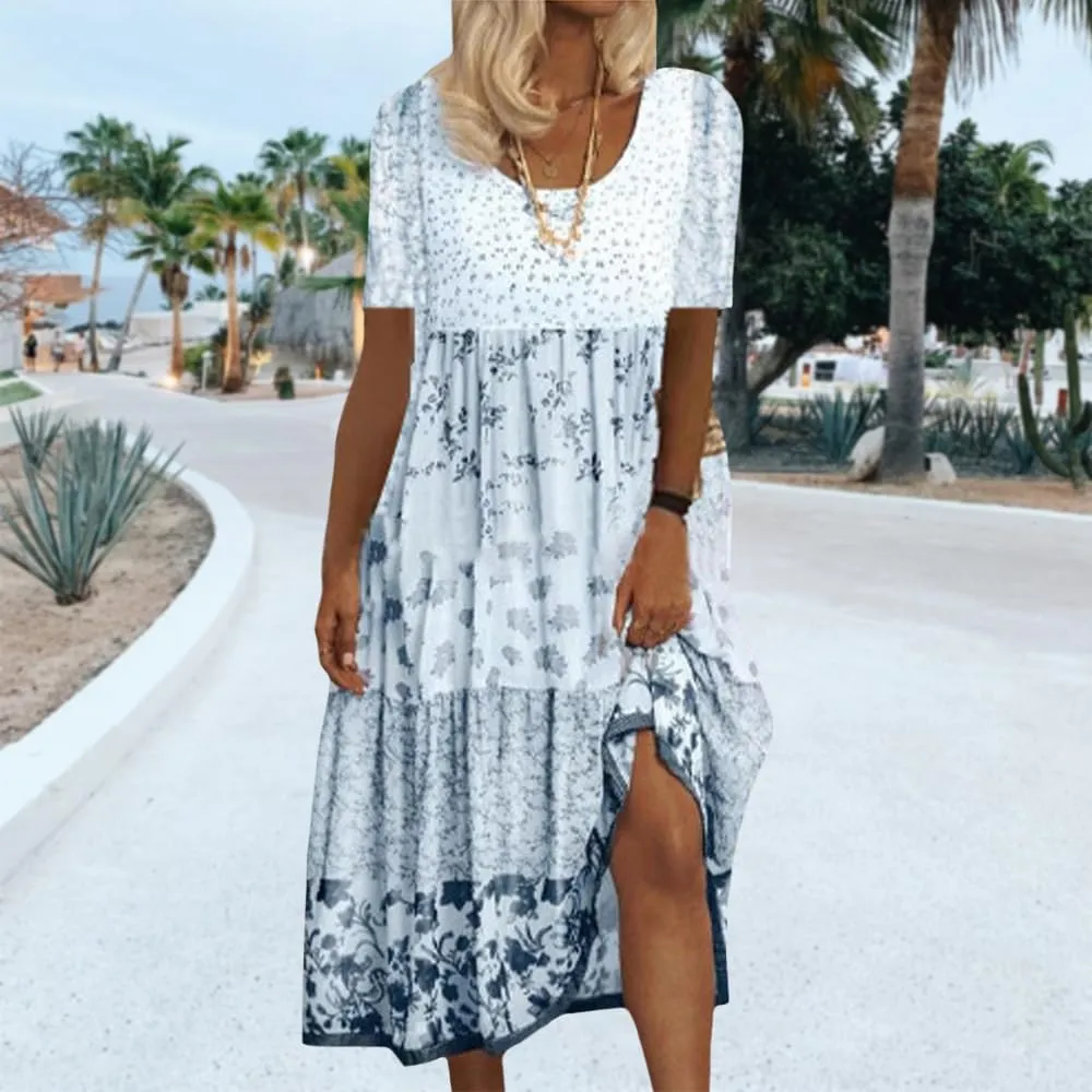 Boho Floral Midi Dress for Women Patchwork Sleeveless Crew Neck Summer Casual Loose Flowy Tiered Dress Plus Size