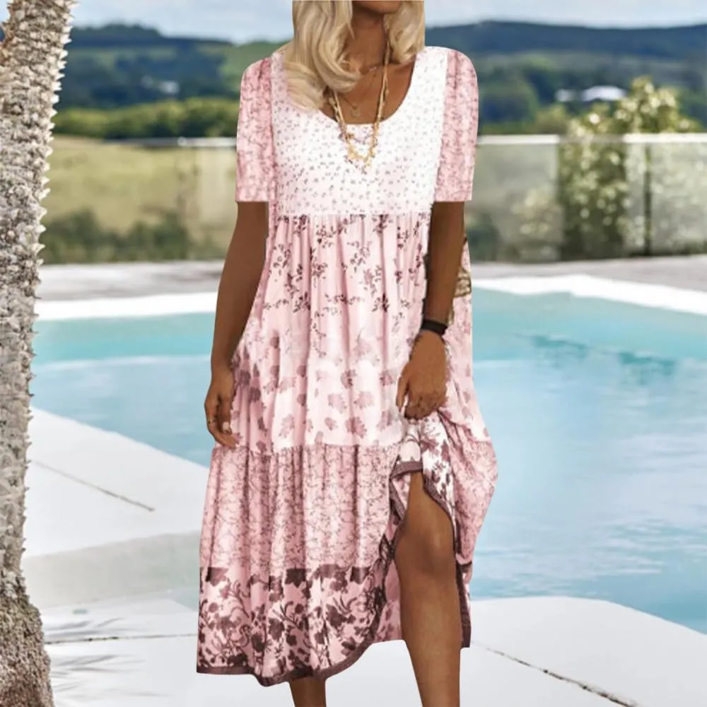 Boho Floral Midi Dress for Women Patchwork Sleeveless Crew Neck Summer Casual Loose Flowy Tiered Dress Plus Size