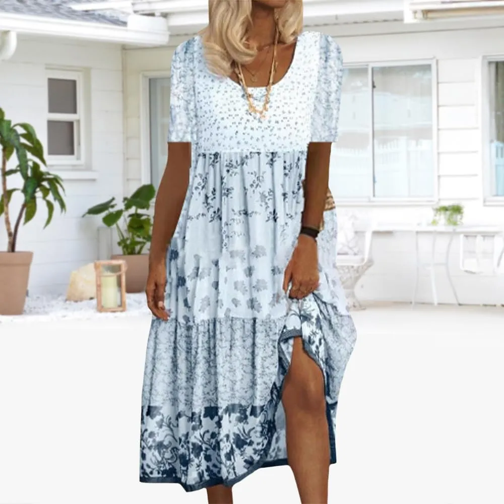 Boho Floral Midi Dress for Women Patchwork Sleeveless Crew Neck Summer Casual Loose Flowy Tiered Dress Plus Size