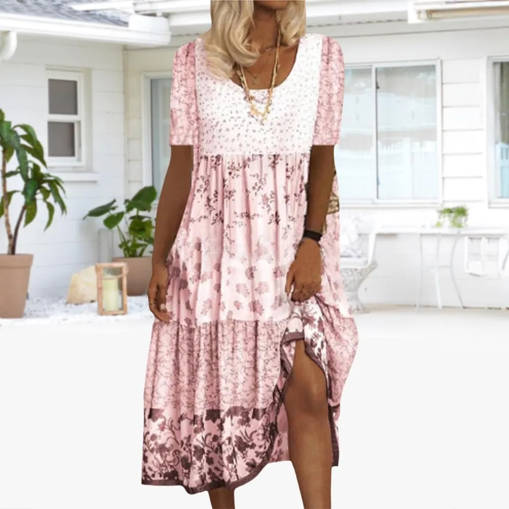 Boho Floral Midi Dress for Women Patchwork Sleeveless Crew Neck Summer Casual Loose Flowy Tiered Dress Plus Size