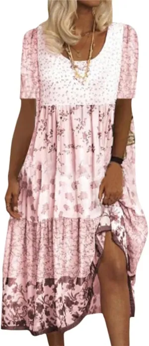 Boho Floral Midi Dress for Women Patchwork Sleeveless Crew Neck Summer Casual Loose Flowy Tiered Dress Plus Size