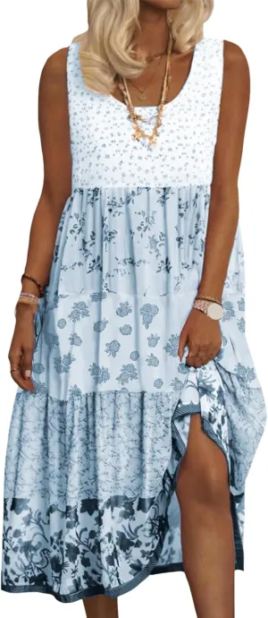 Boho Floral Midi Dress for Women Patchwork Sleeveless Crew Neck Summer Casual Loose Flowy Tiered Dress Plus Size