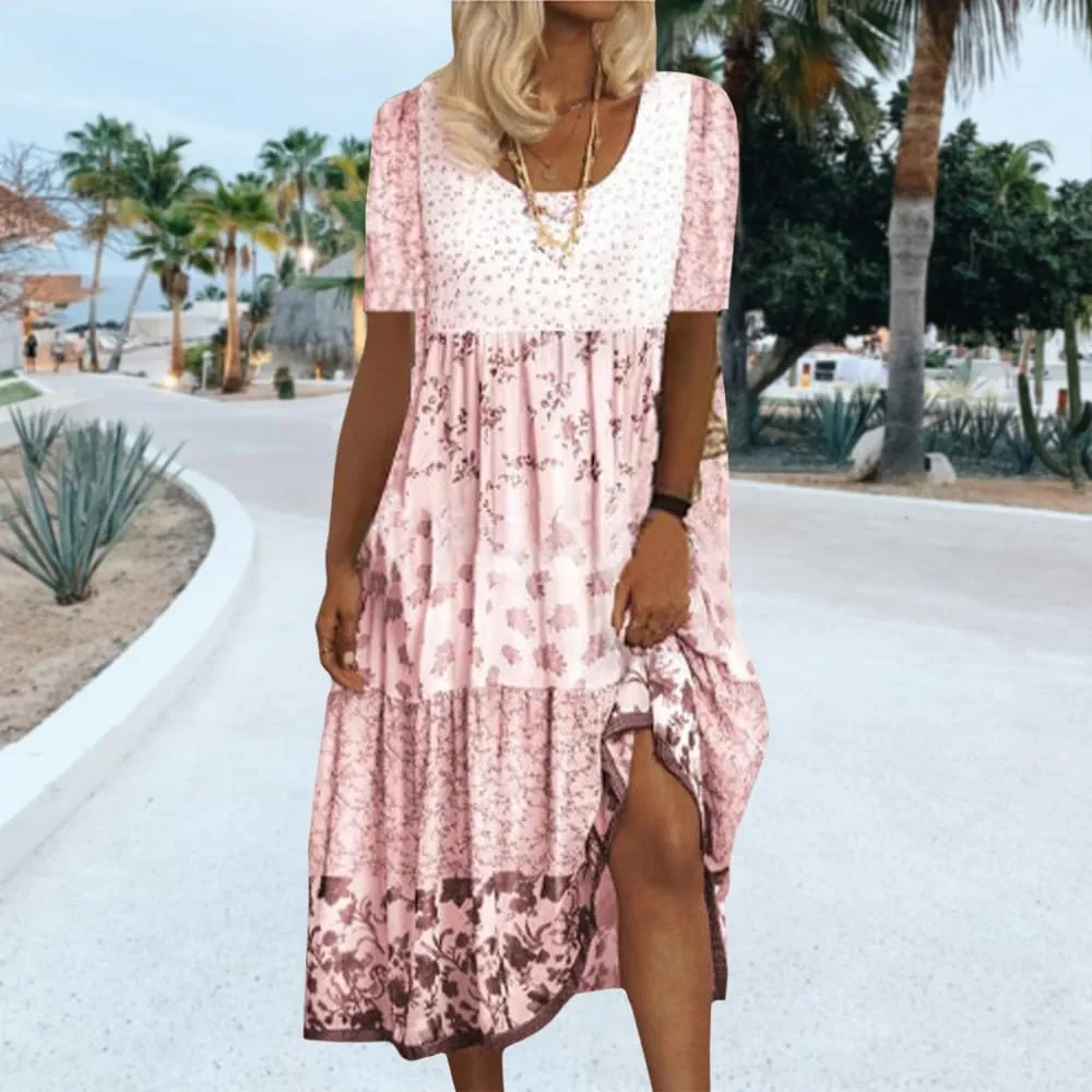 Boho Floral Midi Dress for Women Patchwork Sleeveless Crew Neck Summer Casual Loose Flowy Tiered Dress Plus Size