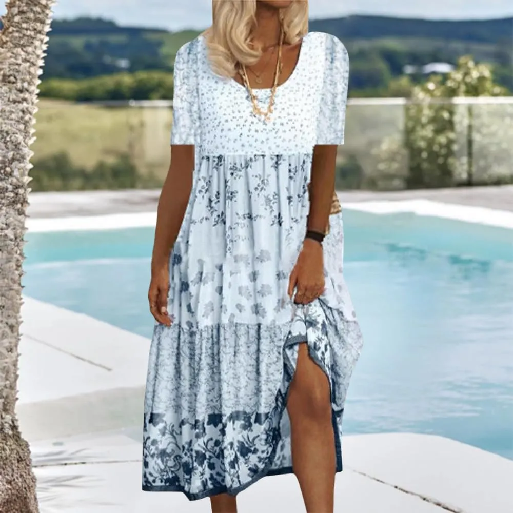 Boho Floral Midi Dress for Women Patchwork Sleeveless Crew Neck Summer Casual Loose Flowy Tiered Dress Plus Size