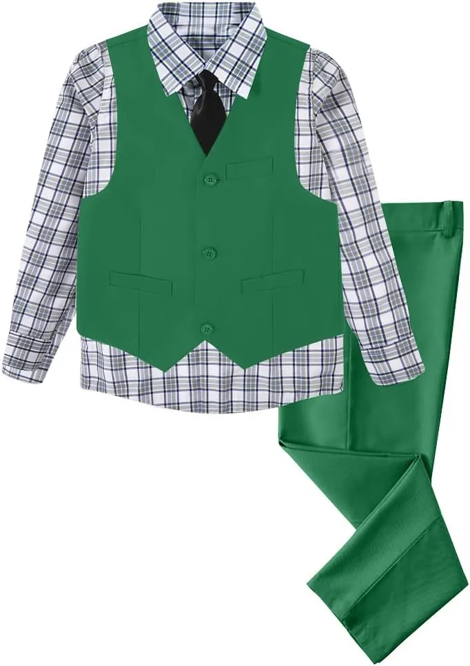 Boys 4 Pieces Suits Slim Fit Kids Outfits Vest Pants Sets Black Blue Formal Dresswear for Boy