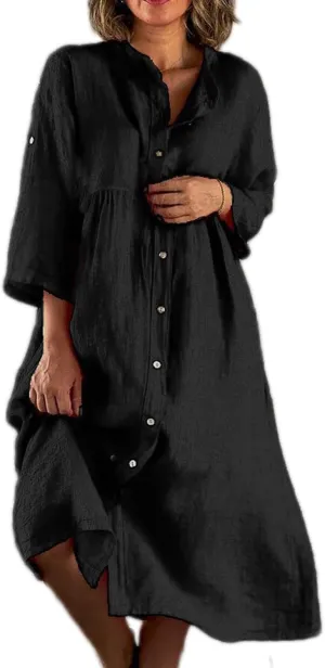 Button Down Cotton Linen Maxi Shirt Dress for Women Casual Stand Up Collar 3/4 Sleeve Tshirt Dresses with Pockets