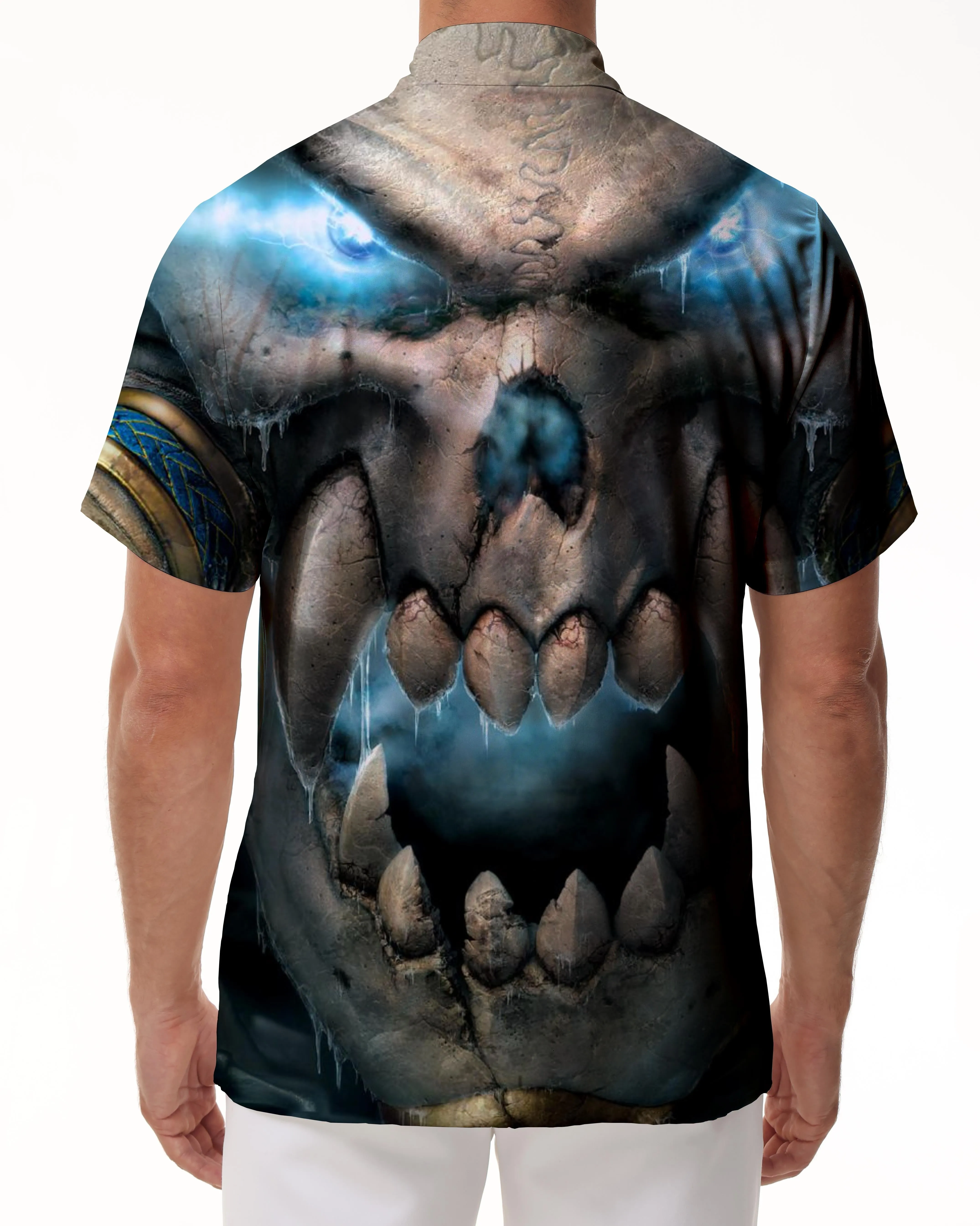 Button men's casual Hawaiian personality print shirt short sleeve clothing milky white skull