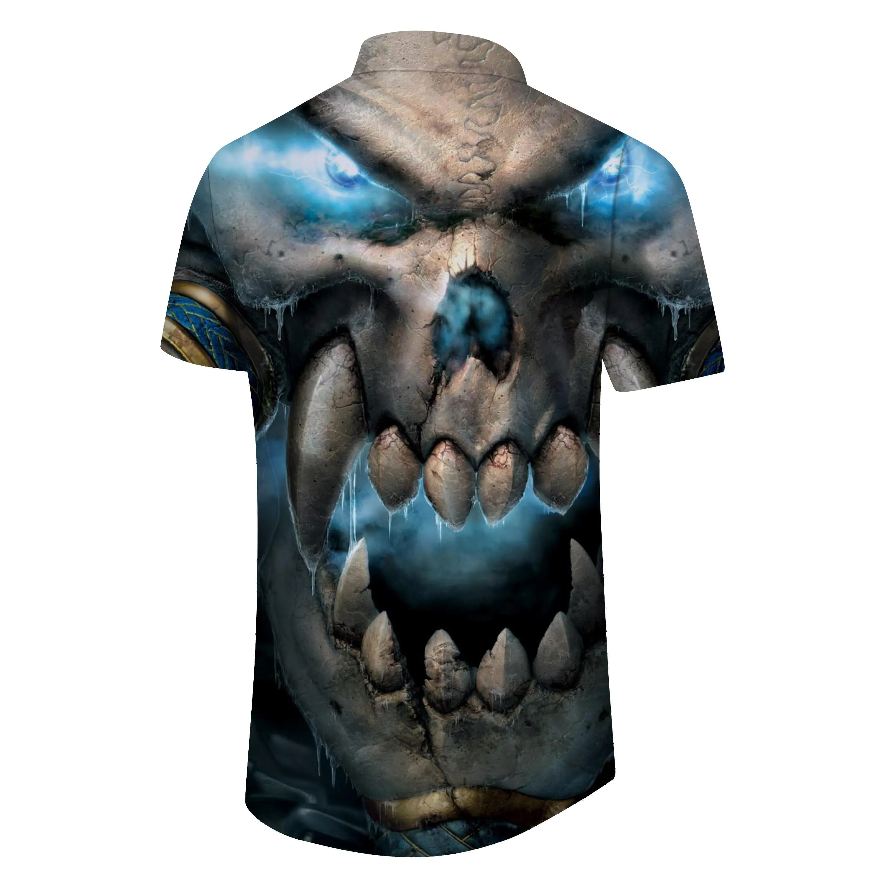 Button men's casual Hawaiian personality print shirt short sleeve clothing milky white skull