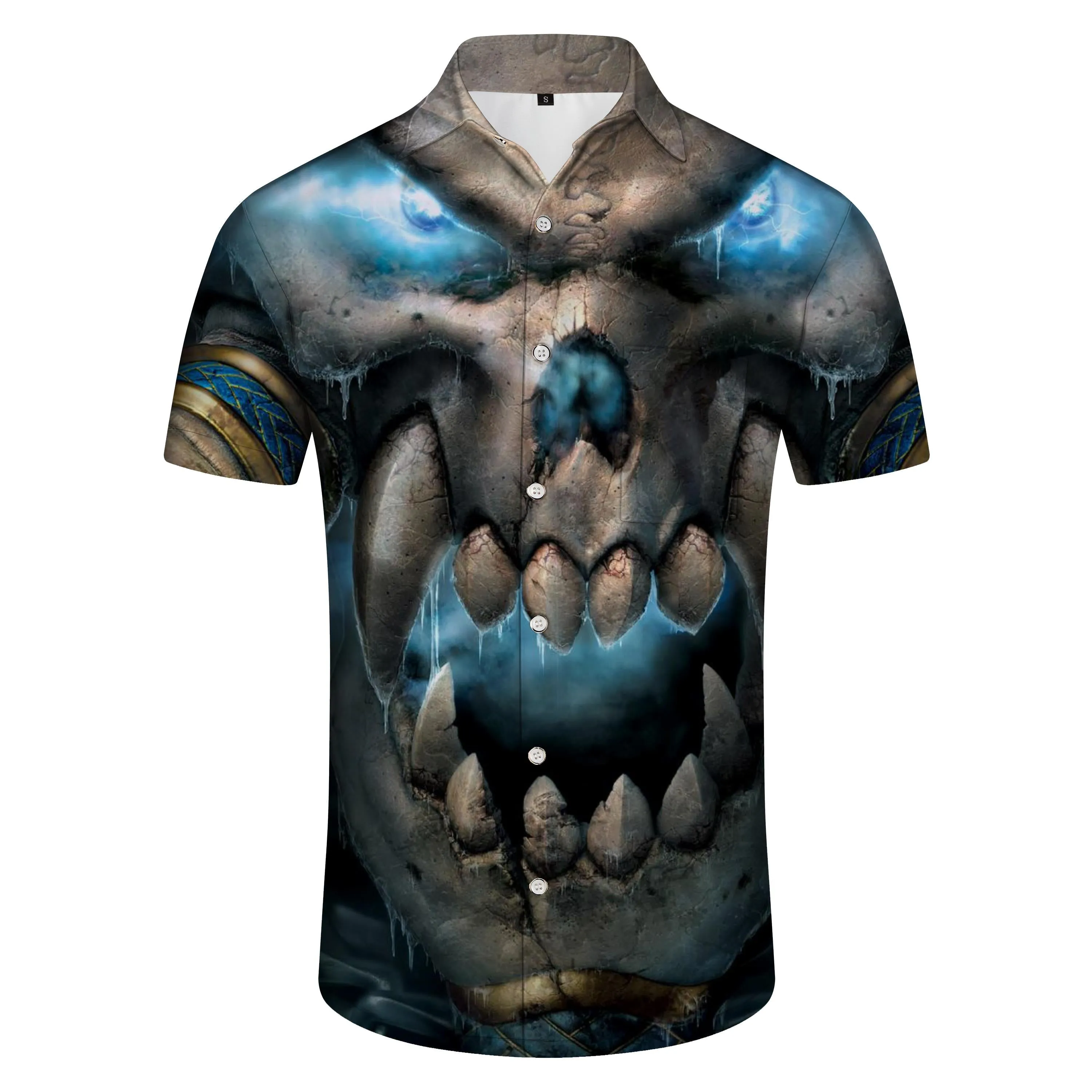 Button men's casual Hawaiian personality print shirt short sleeve clothing milky white skull
