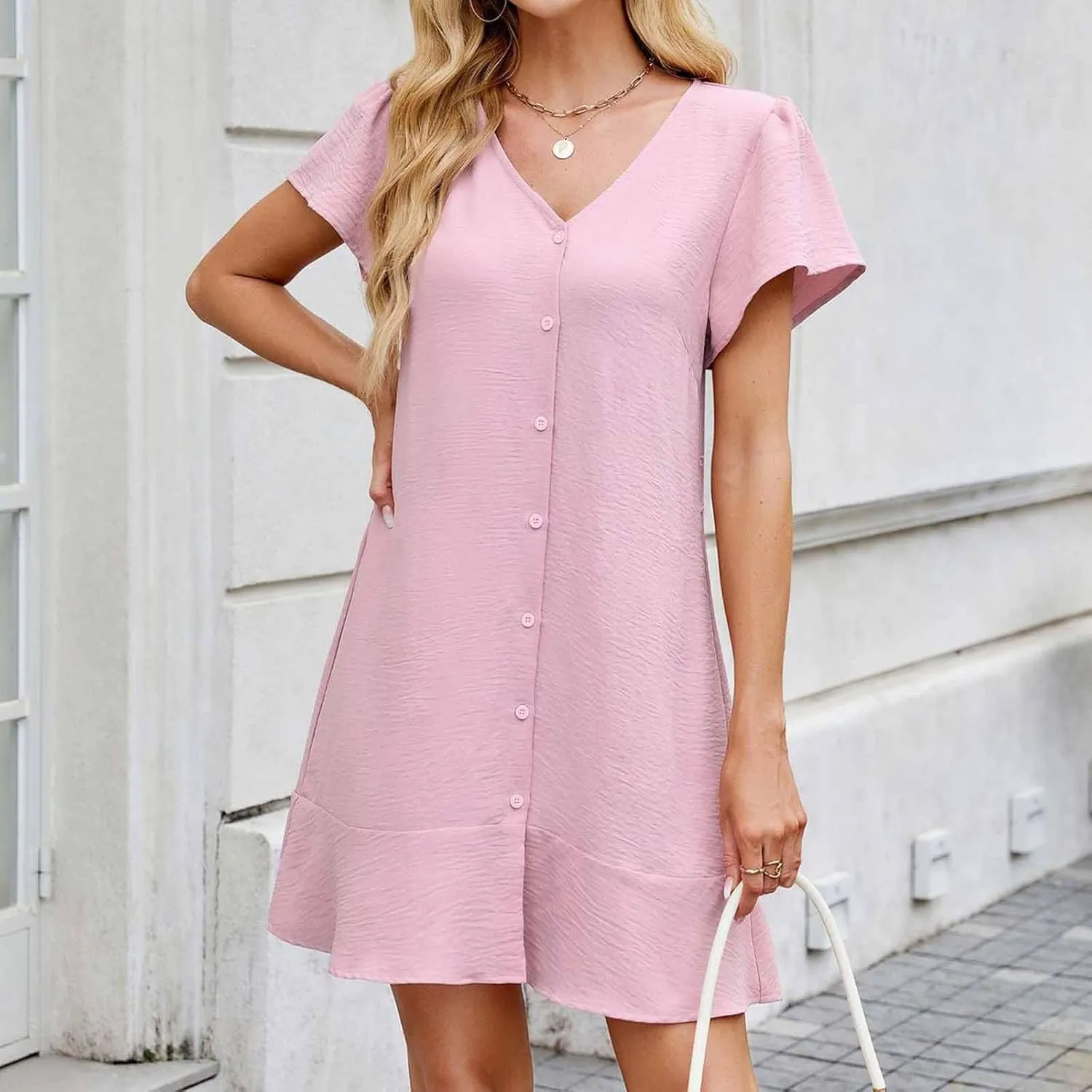 Button Shirt Dresses for Womens Elegant Casual V Neck Short Sleeve Summer Mini Dress A Line Swing Waist Tie Dress