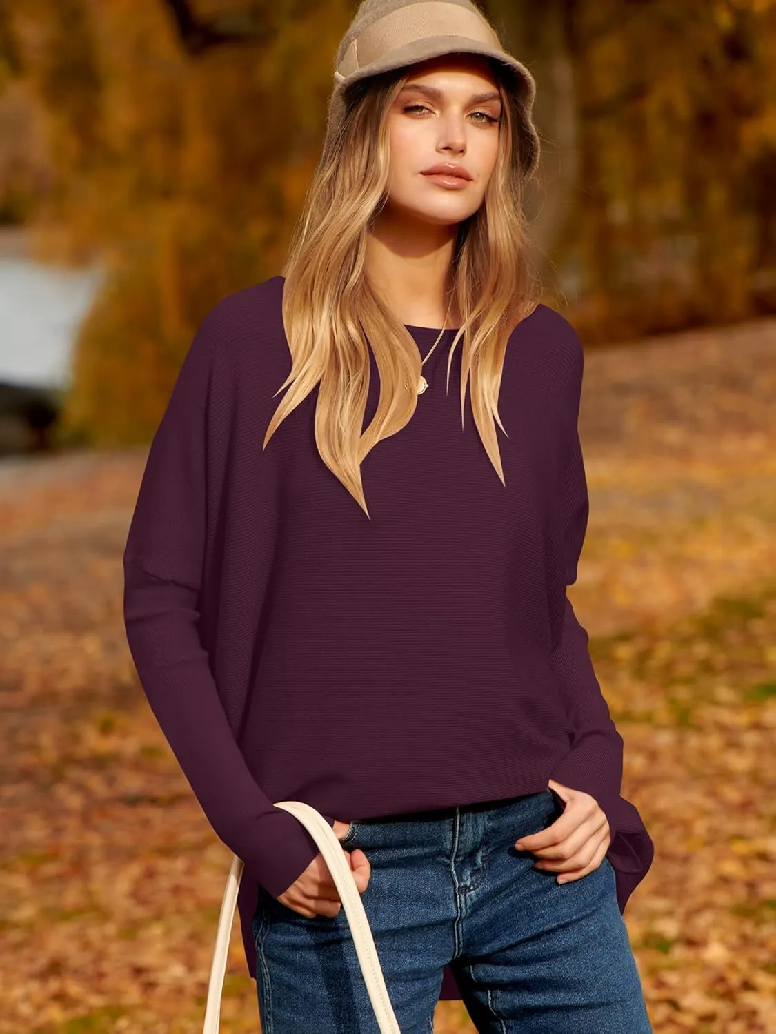 Caracilia Women Boat Neck Batwing Long Sleeve 2024 Fall Oversized Ribbed Knit Pullover Sweaters Baggy Jumper Tunic Tops