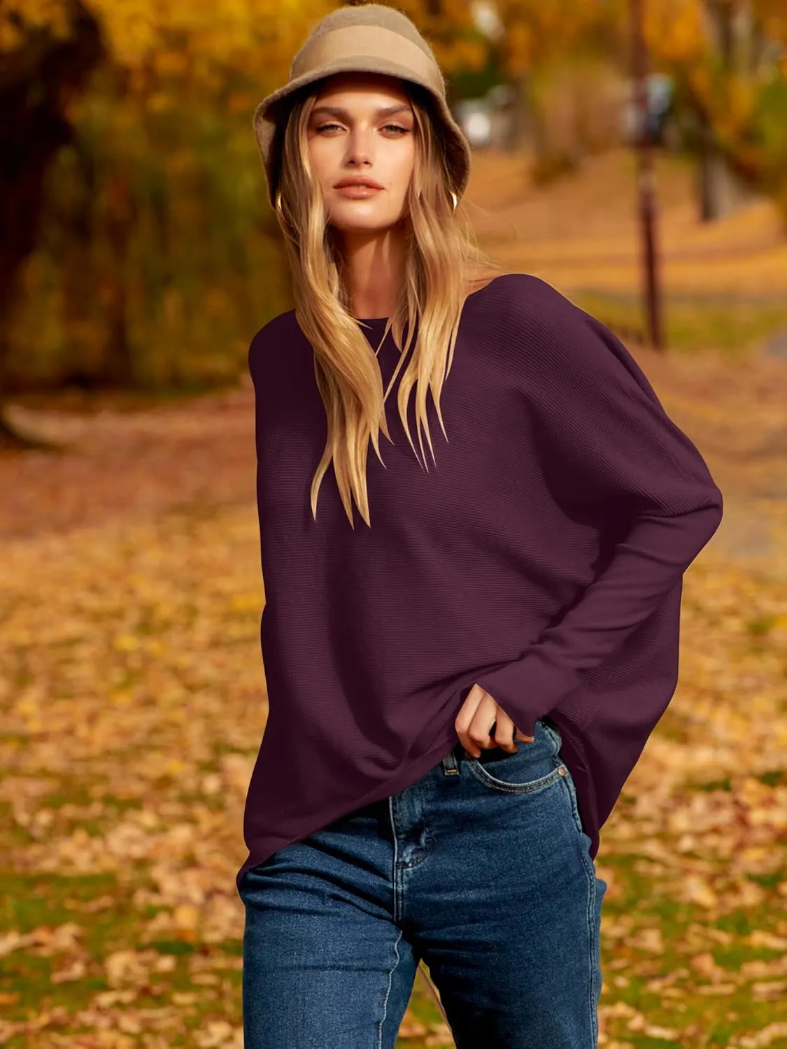 Caracilia Women Boat Neck Batwing Long Sleeve 2024 Fall Oversized Ribbed Knit Pullover Sweaters Baggy Jumper Tunic Tops