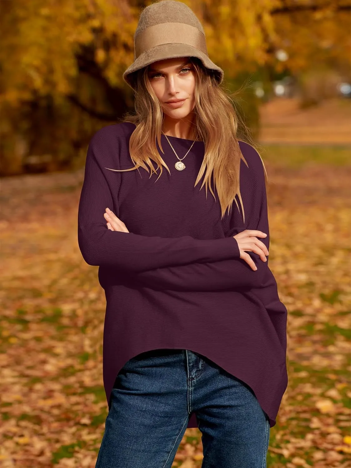 Caracilia Women Boat Neck Batwing Long Sleeve 2024 Fall Oversized Ribbed Knit Pullover Sweaters Baggy Jumper Tunic Tops