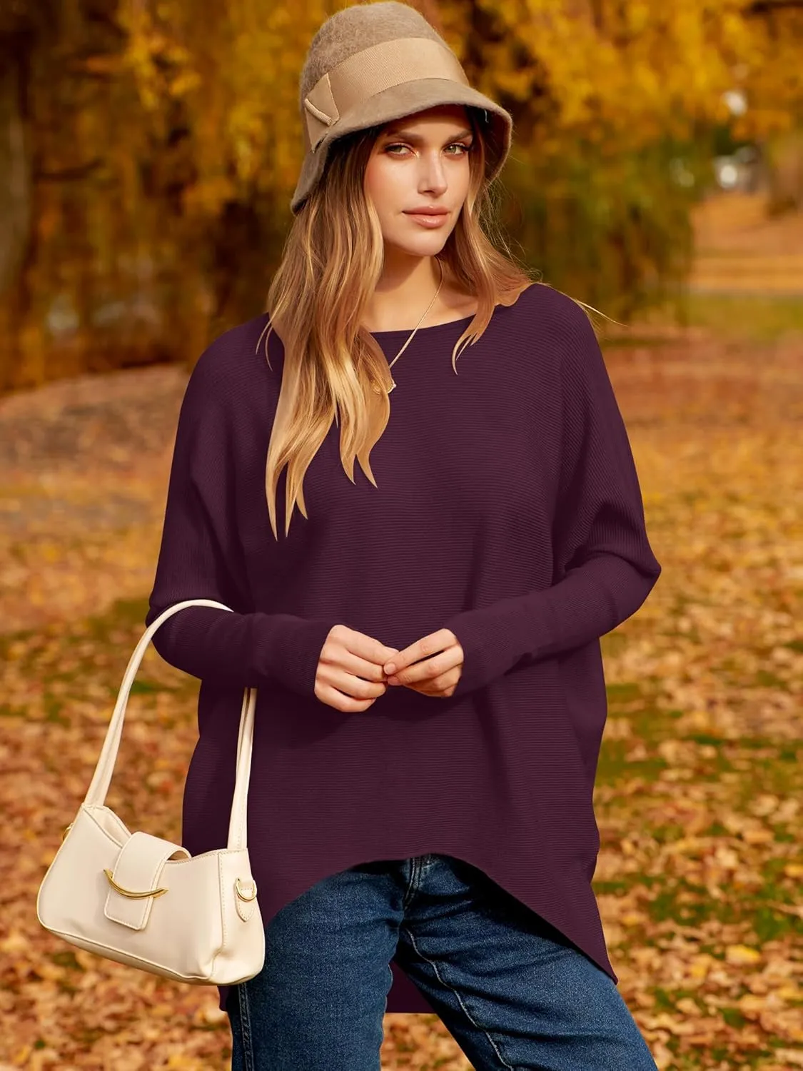 Caracilia Women Boat Neck Batwing Long Sleeve 2024 Fall Oversized Ribbed Knit Pullover Sweaters Baggy Jumper Tunic Tops