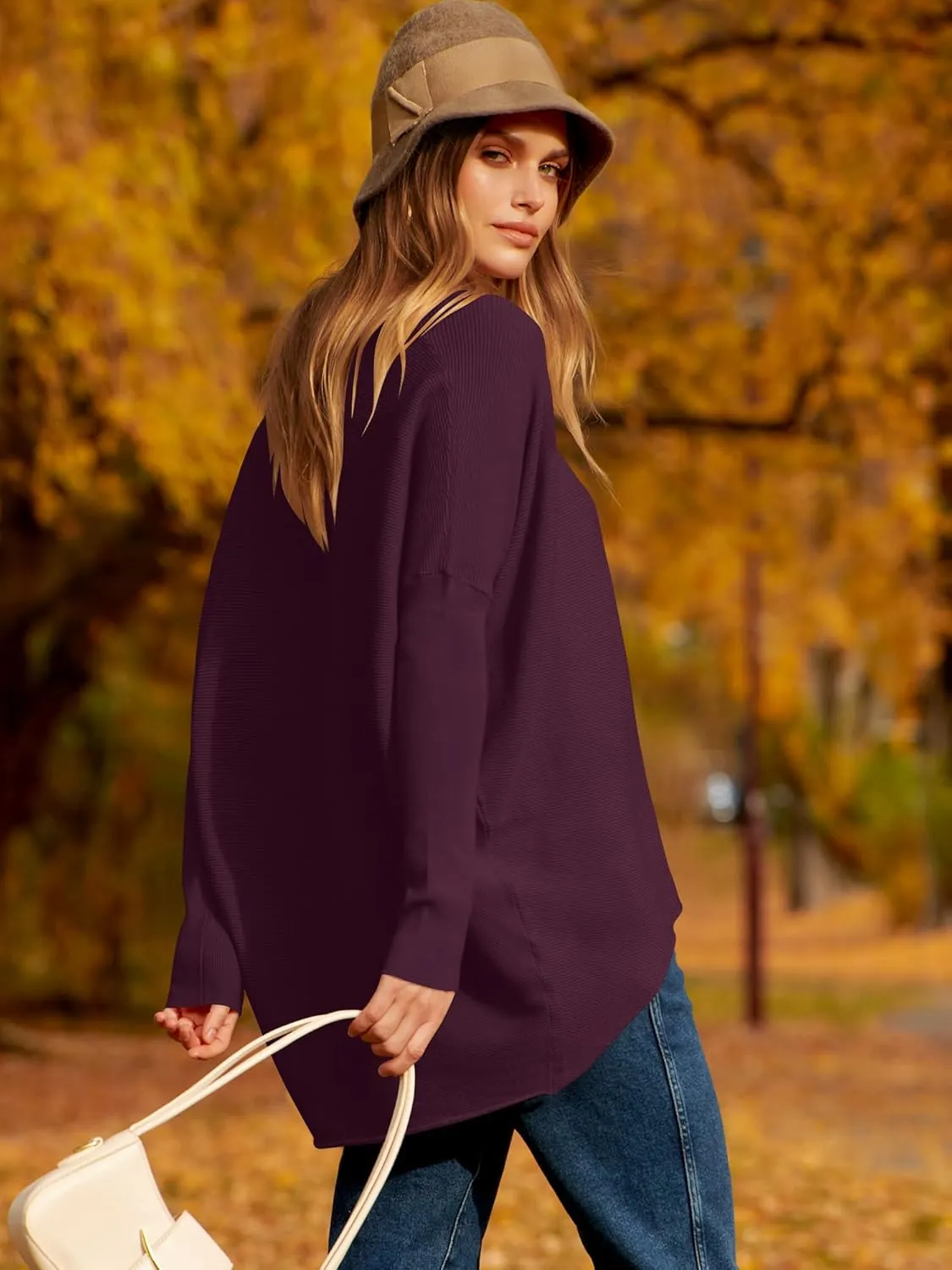 Caracilia Women Boat Neck Batwing Long Sleeve 2024 Fall Oversized Ribbed Knit Pullover Sweaters Baggy Jumper Tunic Tops