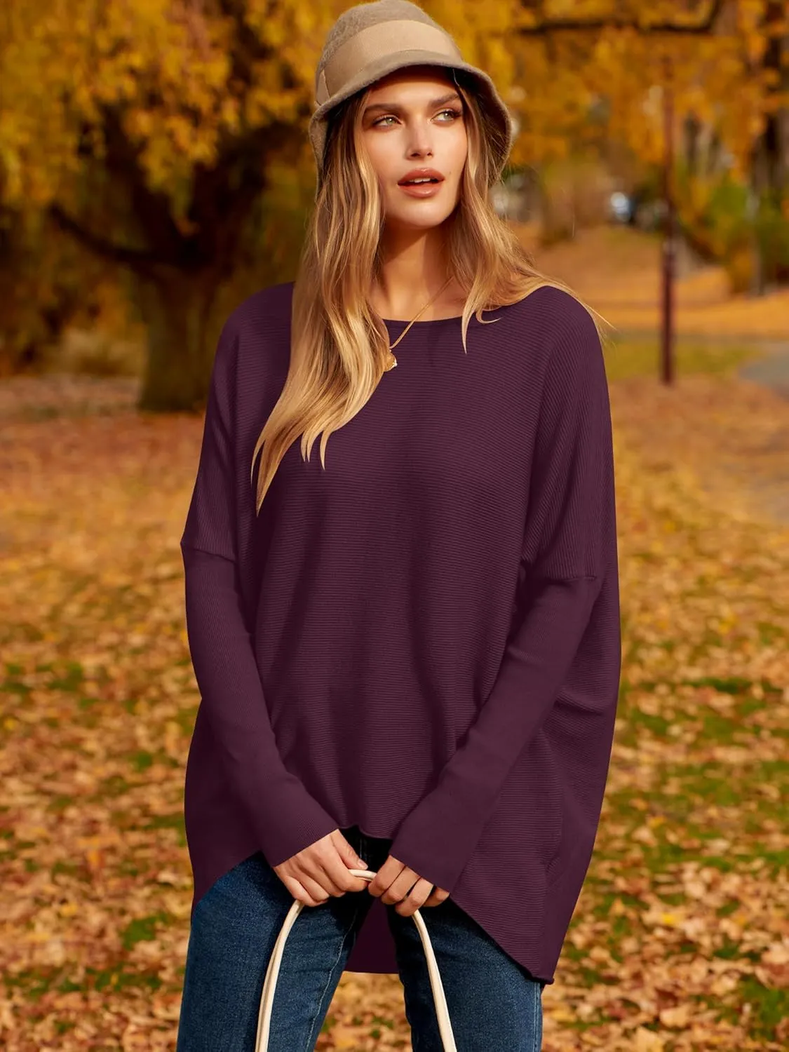 Caracilia Women Boat Neck Batwing Long Sleeve 2024 Fall Oversized Ribbed Knit Pullover Sweaters Baggy Jumper Tunic Tops