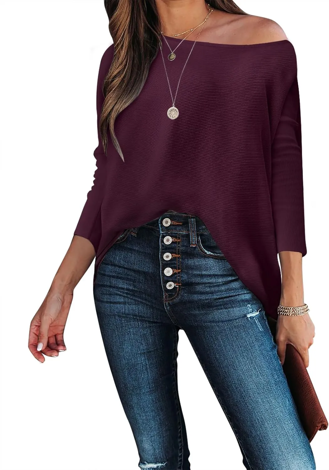 Caracilia Women Boat Neck Batwing Long Sleeve 2024 Fall Oversized Ribbed Knit Pullover Sweaters Baggy Jumper Tunic Tops