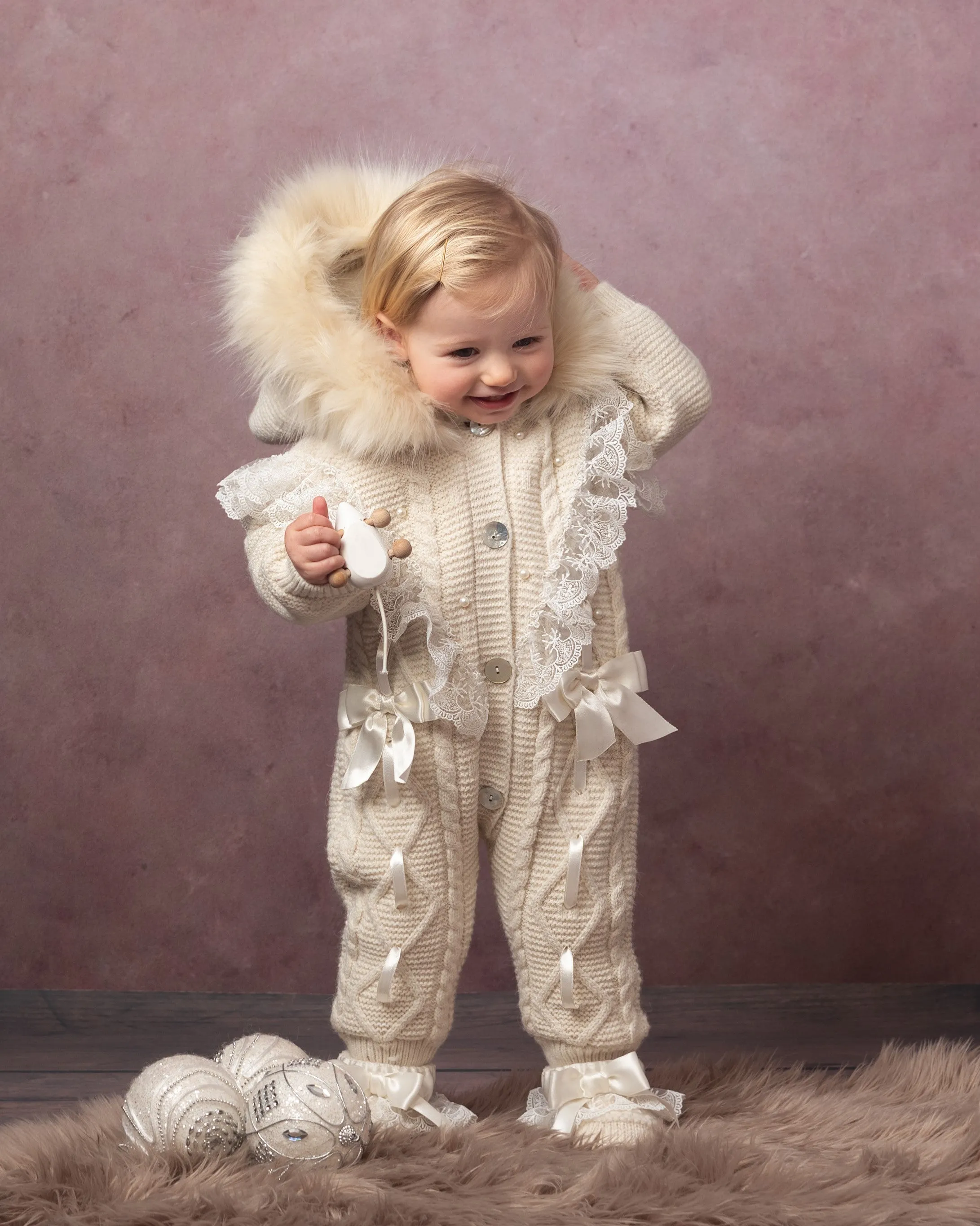 Caramelo Luxury Ivory Pearl Lace Knitted Snowsuit