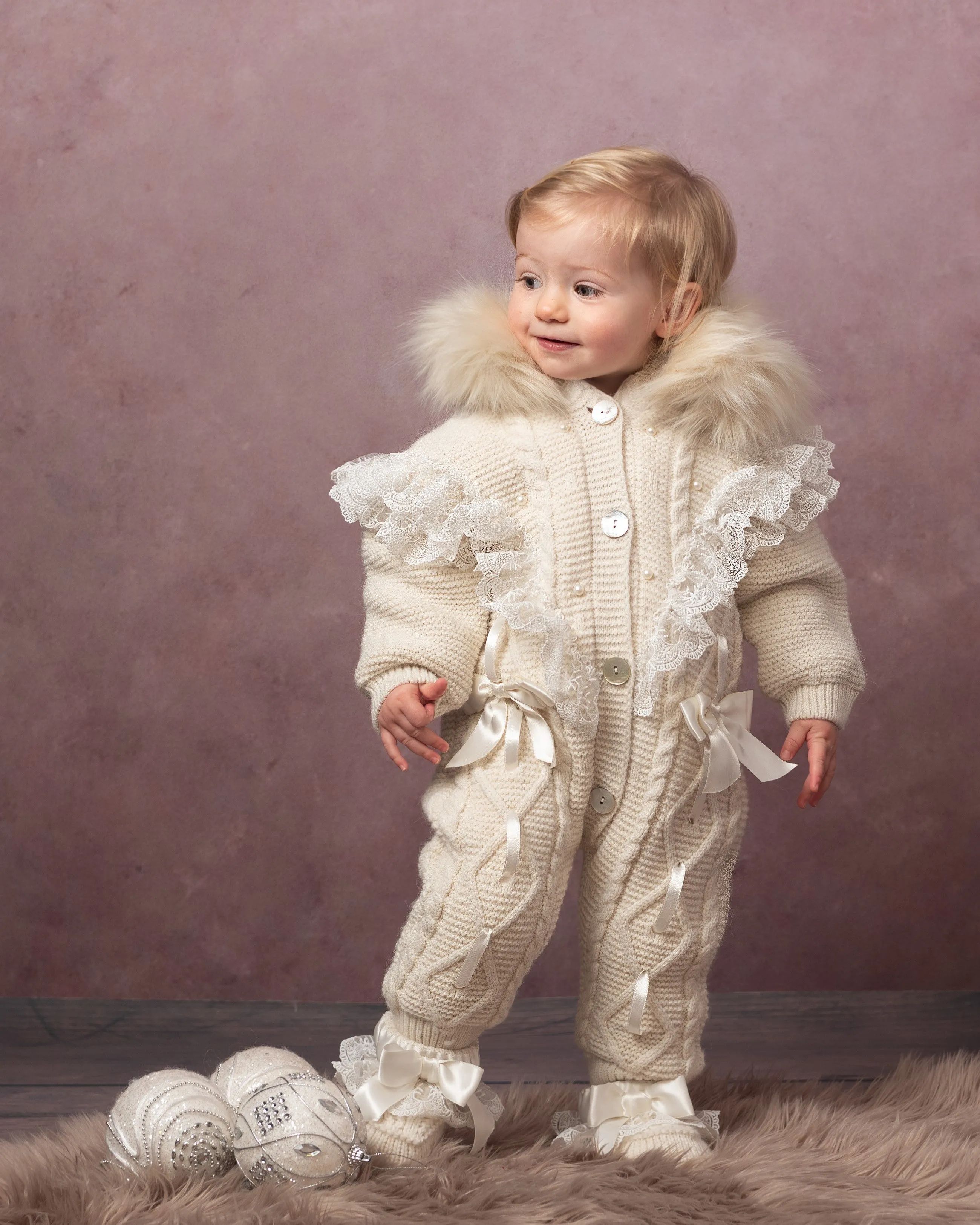 Caramelo Luxury Ivory Pearl Lace Knitted Snowsuit