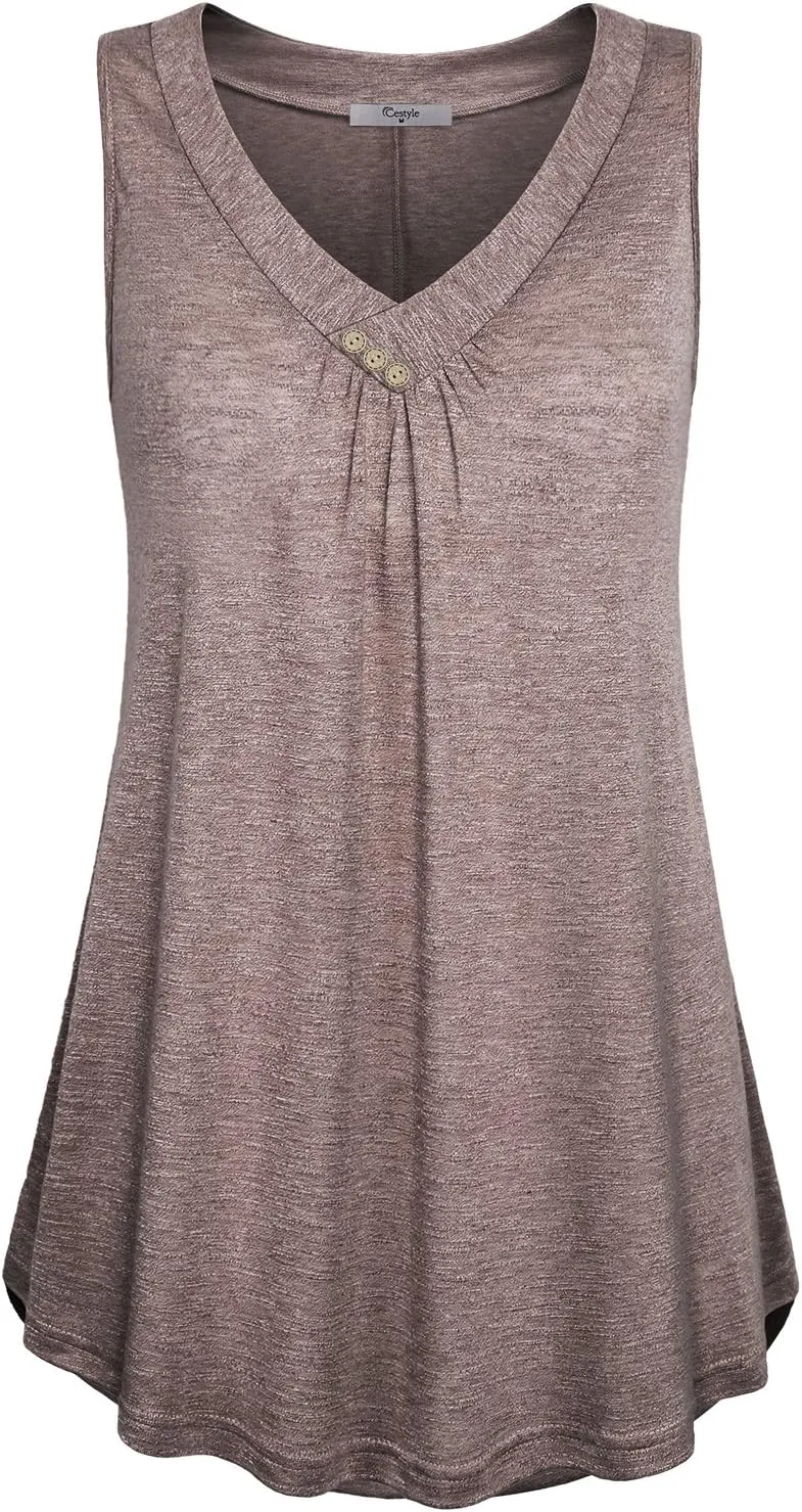 Cestyle Womens Sleeveless V Neck Shirts Pleated Front Flowy Tank Tops