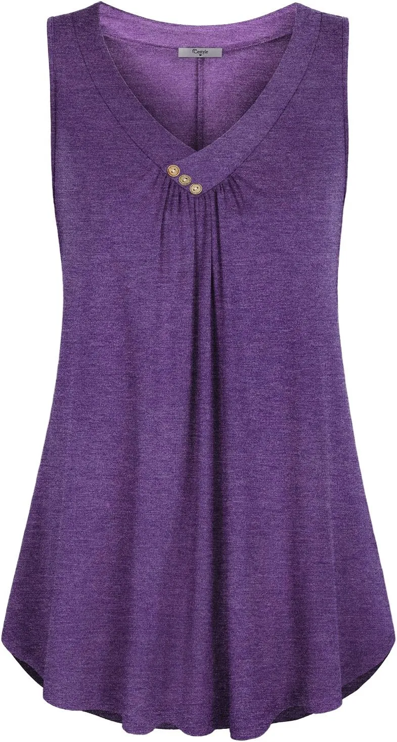 Cestyle Womens Sleeveless V Neck Shirts Pleated Front Flowy Tank Tops