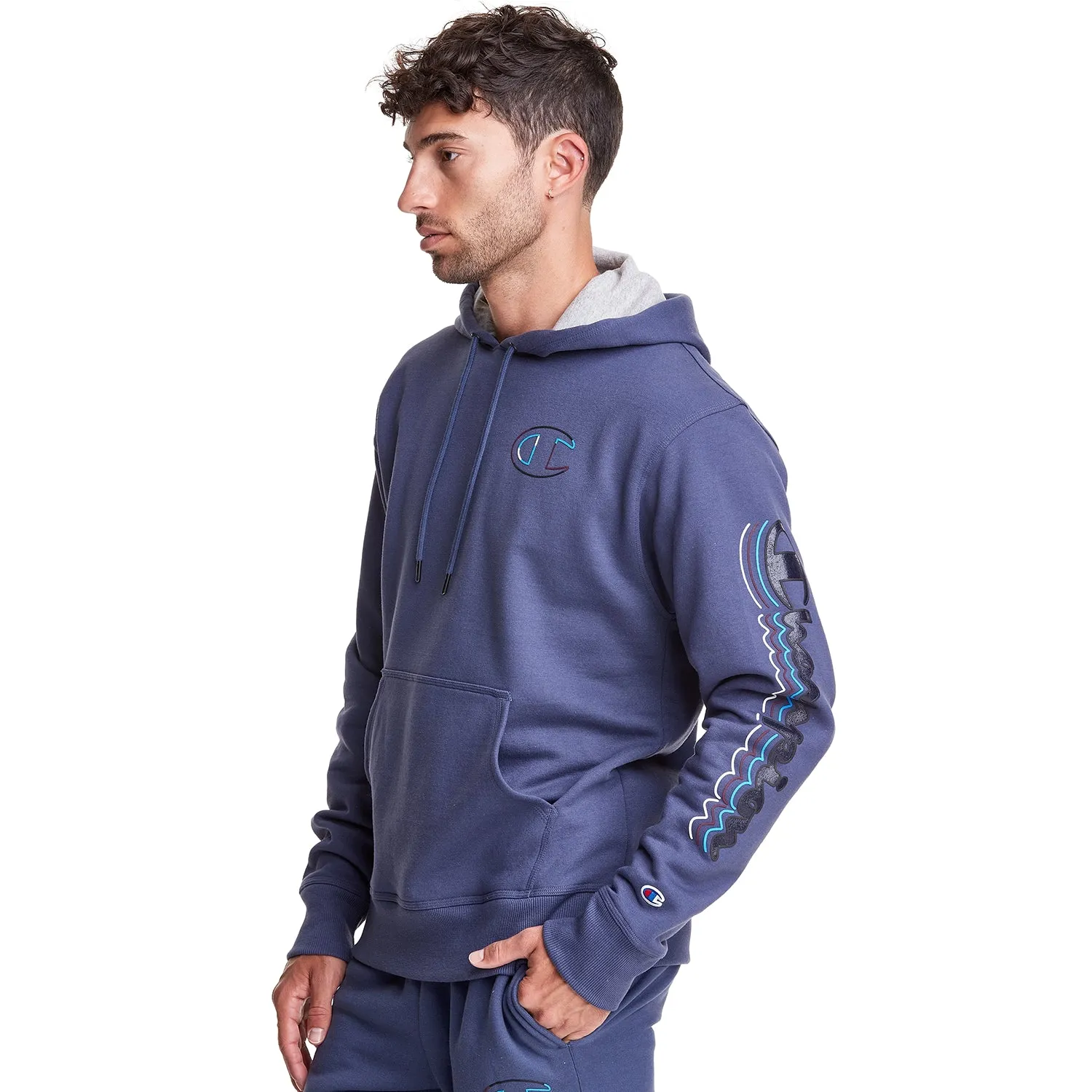 Champion Men's Powerblend Double Logo Fleece Pullover Hoodie Classic Sky Blue