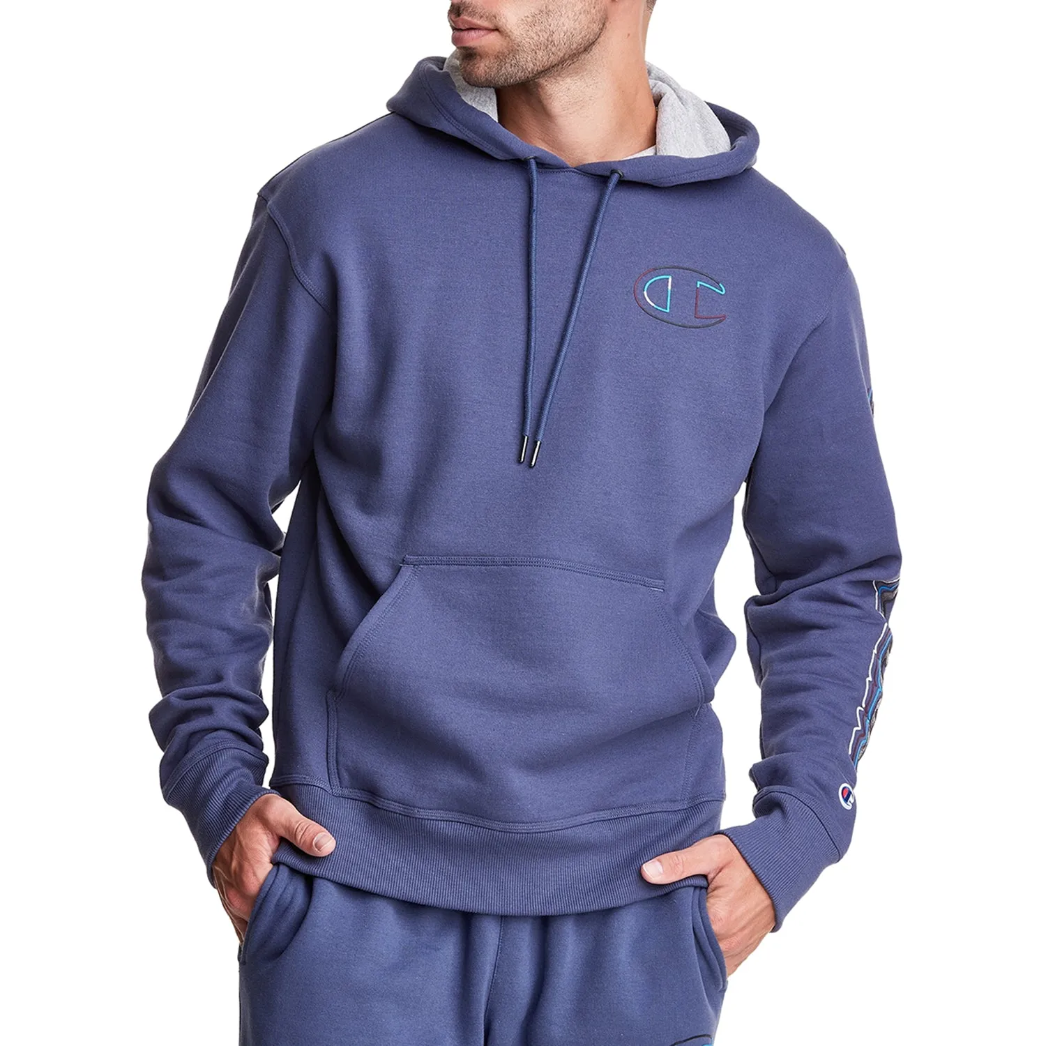 Champion Men's Powerblend Double Logo Fleece Pullover Hoodie Classic Sky Blue