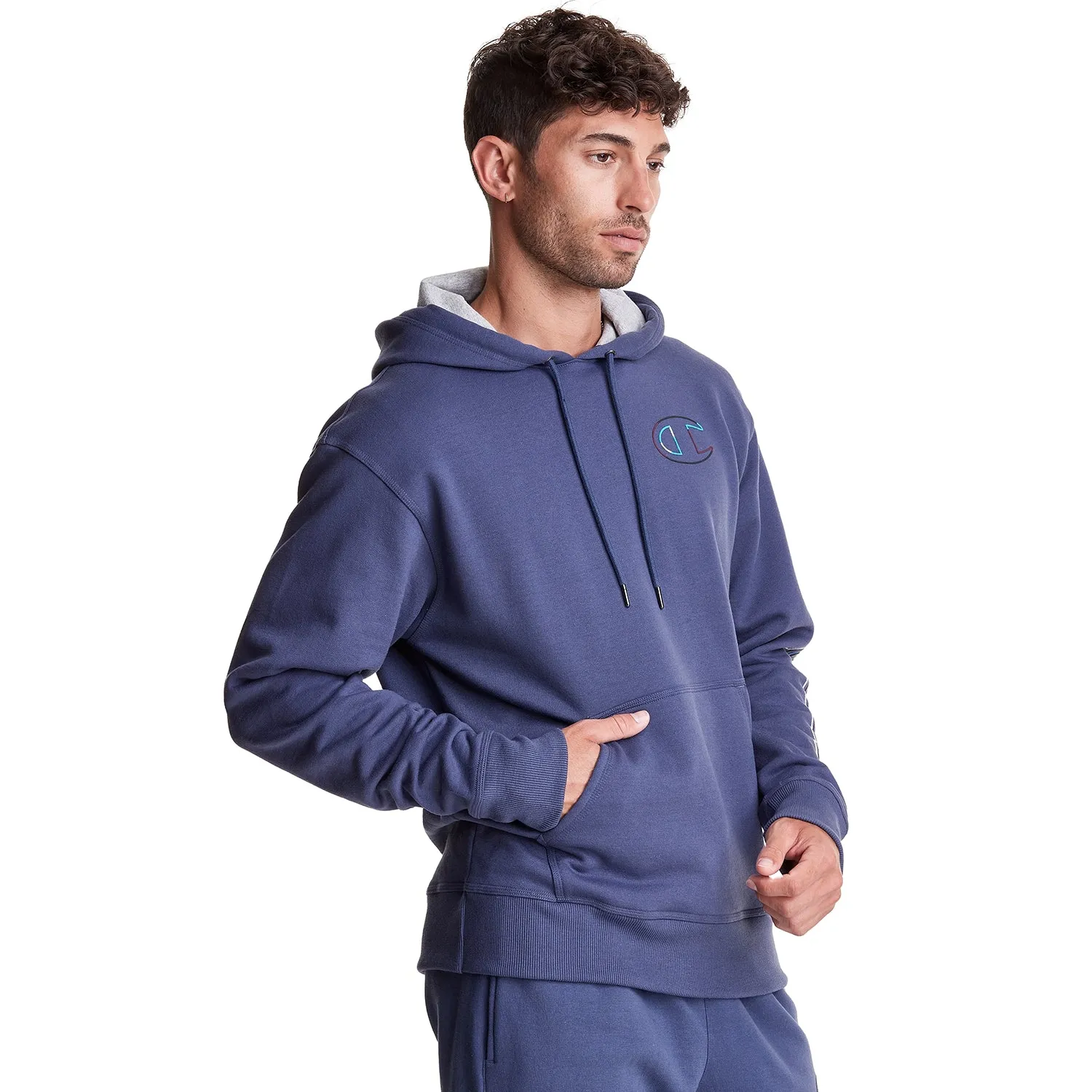 Champion Men's Powerblend Double Logo Fleece Pullover Hoodie Classic Sky Blue