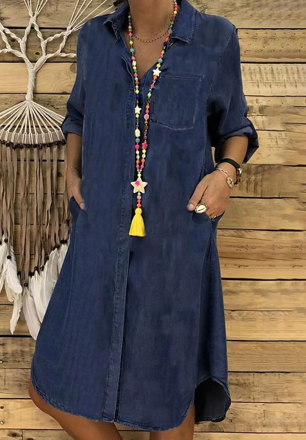 CHARTOU Women Long Sleeve Denim Button Up Shirt Dress Midi Jean Dress