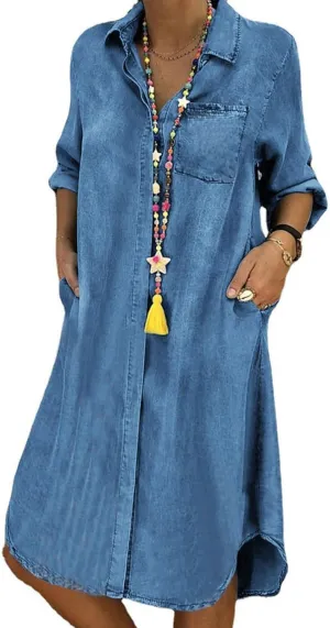 CHARTOU Women Long Sleeve Denim Button Up Shirt Dress Midi Jean Dress