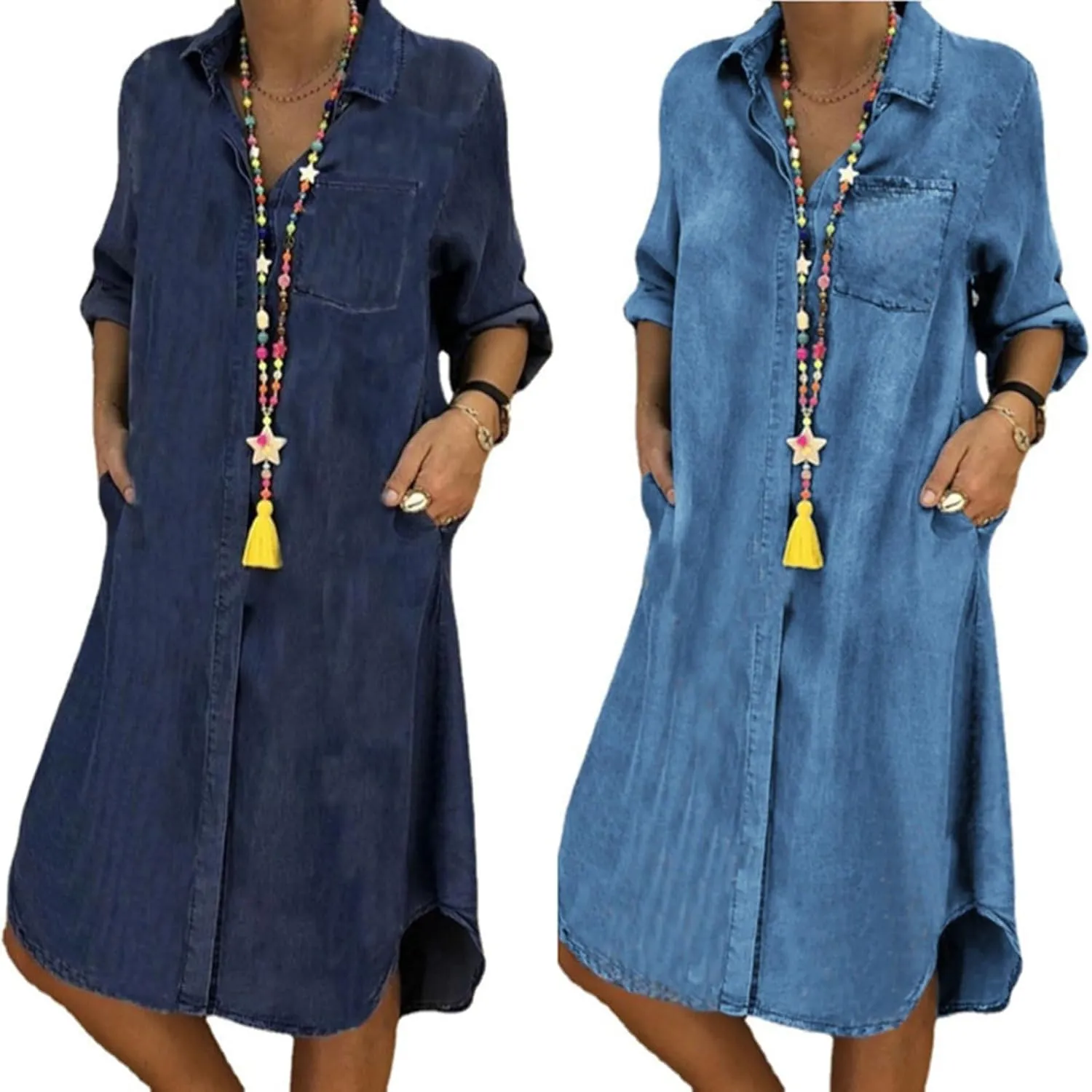 CHARTOU Women Long Sleeve Denim Button Up Shirt Dress Midi Jean Dress