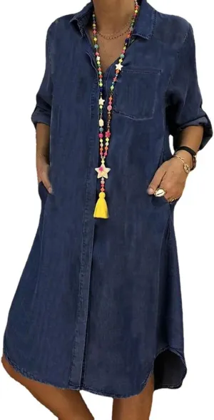 CHARTOU Women Long Sleeve Denim Button Up Shirt Dress Midi Jean Dress