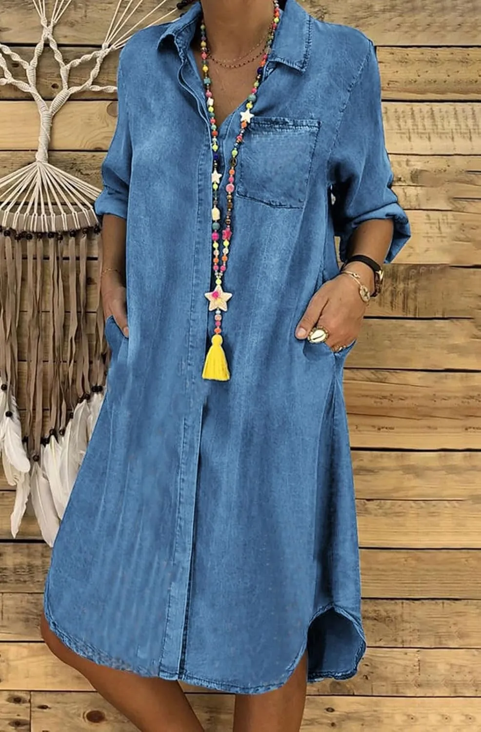 CHARTOU Women Long Sleeve Denim Button Up Shirt Dress Midi Jean Dress