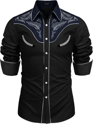 COOFANDY Men's Western Cowboy Shirt Embroidered Button Down Long Sleeve Shirts