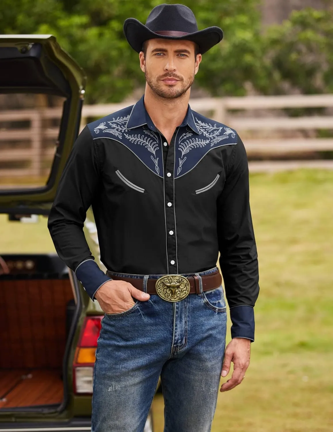 COOFANDY Men's Western Cowboy Shirt Embroidered Button Down Long Sleeve Shirts